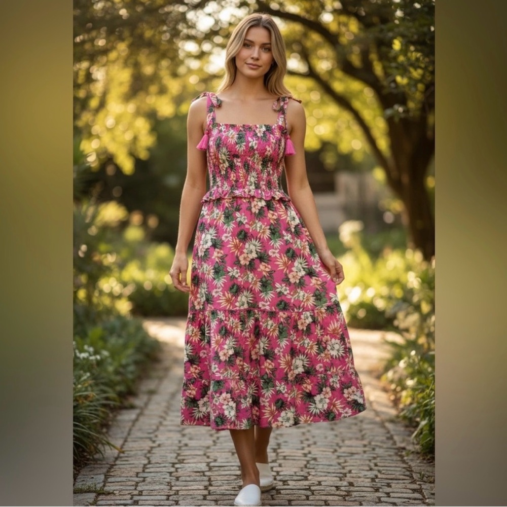 Lost + Wander Meet Me in Bali Smocked Floral Pink Tiered Maxi Dress Size Small